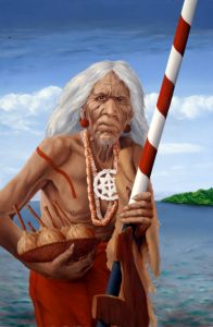 Painting of an older Native American Man in front of a body of water