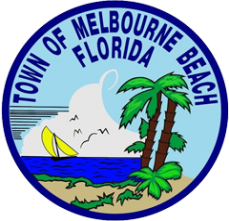 Town of Melbourne Beach Florida colored seal. Image showing palm trees on a beach with a yellow sailboat on the water.